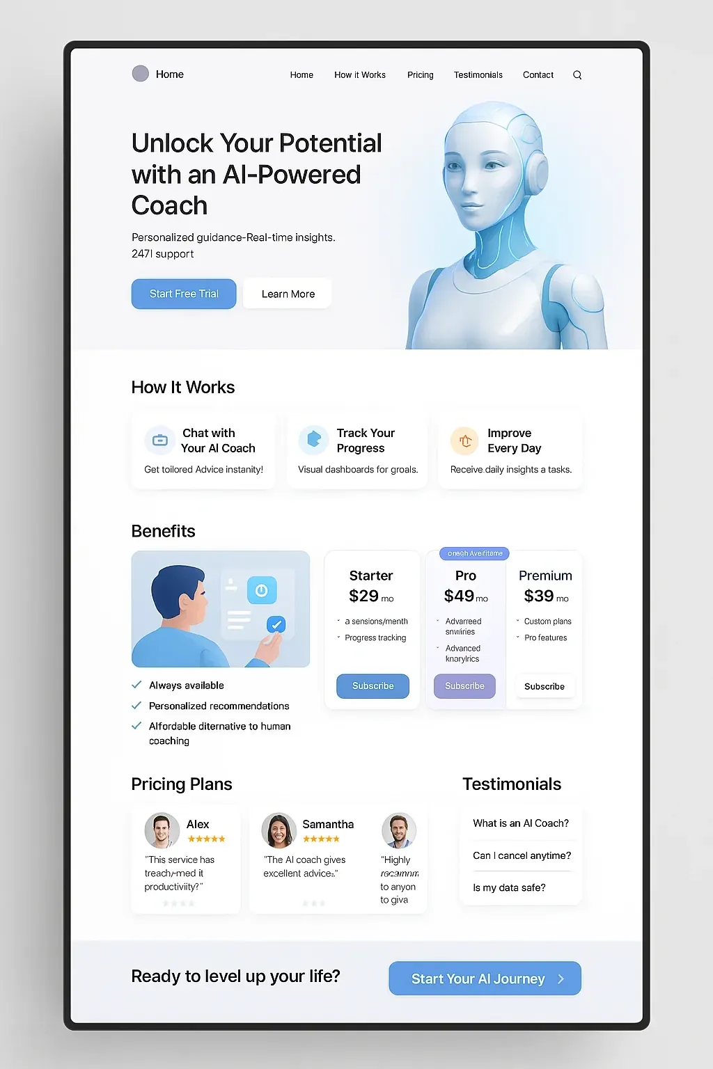 A full-screen, modern, professional landing page design for a website selling AI coaching services. The design is clean, minimalistic, and visually appealing, with a white background, soft shadows, rounded corners, and pastel accent colors. The layout is structured in vertically stacked sections, each clearly separated with generous padding. High-end UX/UI design.A full-screen, modern, professional landing page design for a website selling AI coaching services. The design is clean, minimalistic, and visually appealing, with a white background, soft shadows, rounded corners, and pastel accent colors. The layout is structured in vertically stacked sections, each clearly separated with generous padding. High-end UX/UI design. (Le prompt continue, mais je n'ai pas assez de place)