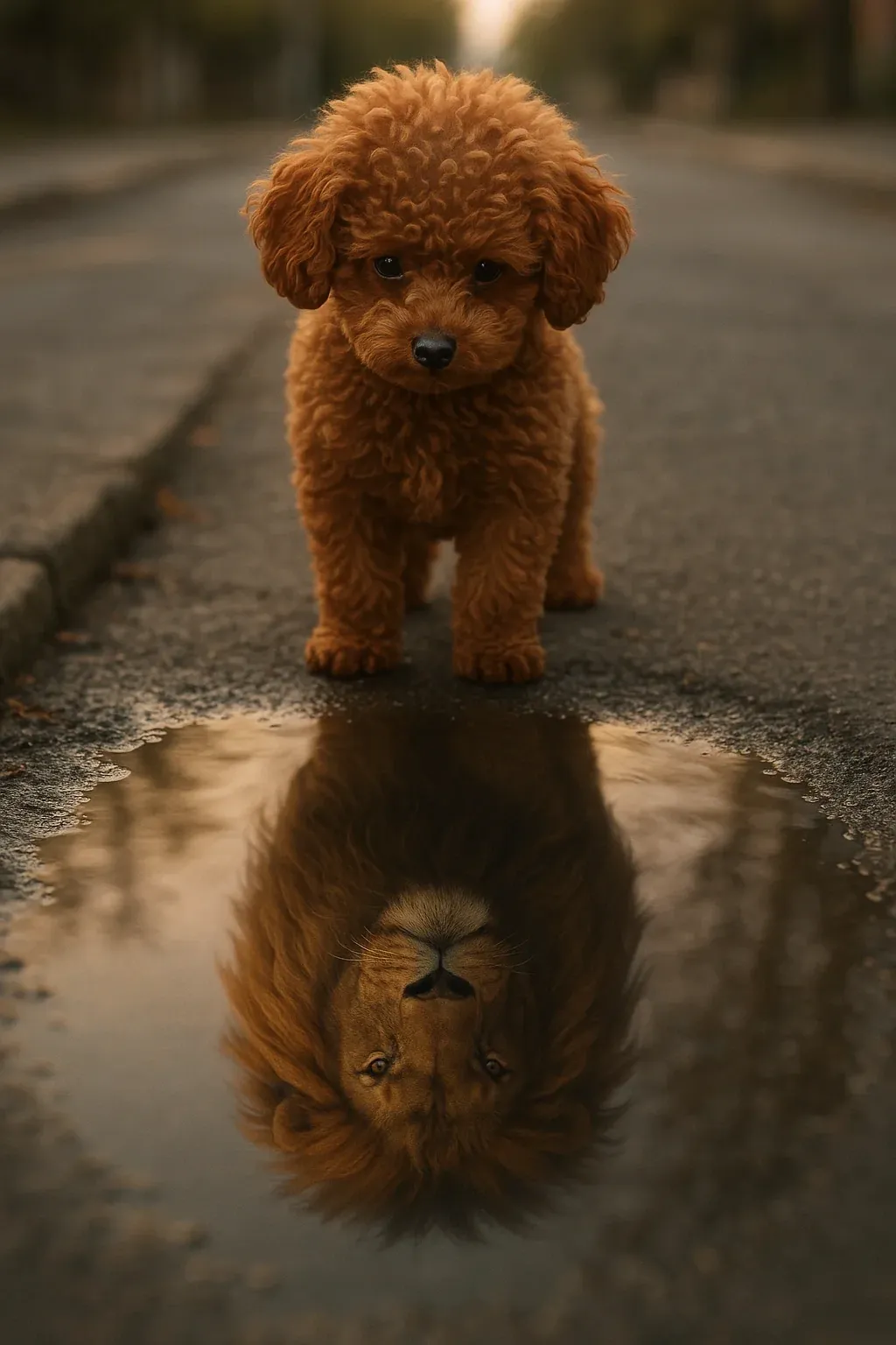 A small, reddish-brown toy poodle with curly fur and expressive dark eyes is standing on a quiet street, looking into a puddle. In the water’s reflection, he sees a proud, majestic lion with a flowing mane. The reflection is realistically distorted by soft ripples in the puddle, giving the scene a dreamlike, metaphorical quality. The lighting is soft and natural, with a hint of golden hour. The image captures the contrast between Vin’s small size and his inner strength, courage, and determination.A small, reddish-brown toy poodle with curly fur and expressive dark eyes is standing on a quiet street, looking into a puddle. In the water’s reflection, he sees a proud, majestic lion with a flowing mane. The reflection is realistically distorted by soft ripples in the puddle, giving the scene a dreamlike, metaphorical quality. The lighting is soft and natural, with a hint of golden hour. The image captures the contrast between Vin’s small size and his inner strength, courage, and determination.