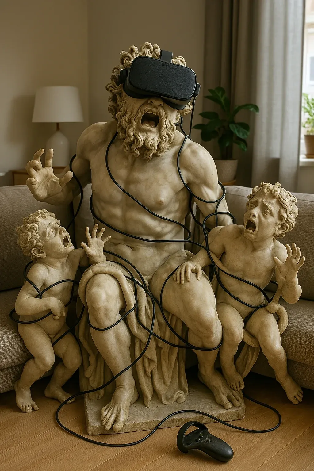 Sculpture d'une statue militaire Lao Khone portant des lunettes de réalité virtuelle et jouant à un jeu d'horreur sur un canapé dans le salon d'une maison familiale. Les sculptures du père et du fils posent en criant de peur. Des fils de jeu sont enroulés autour de leurs corps et une manette est posée sur le sol à côté d'eux. Leurs expressions faciales sont des cris et l'arrière-plan est un salon ordinaire. La collision du réel et de l'irréel crée une atmosphère amusante.Sculpture d'une statue militaire Lao Khone portant des lunettes de réalité virtuelle et jouant à un jeu d'horreur sur un canapé dans le salon d'une maison familiale. Les sculptures du père et du fils posent en criant de peur. Des fils de jeu sont enroulés autour de leurs corps et une manette est posée sur le sol à côté d'eux. Leurs expressions faciales sont des cris et l'arrière-plan est un salon ordinaire. La collision du réel et de l'irréel crée une atmosphère amusante. (Traduction du coréen)