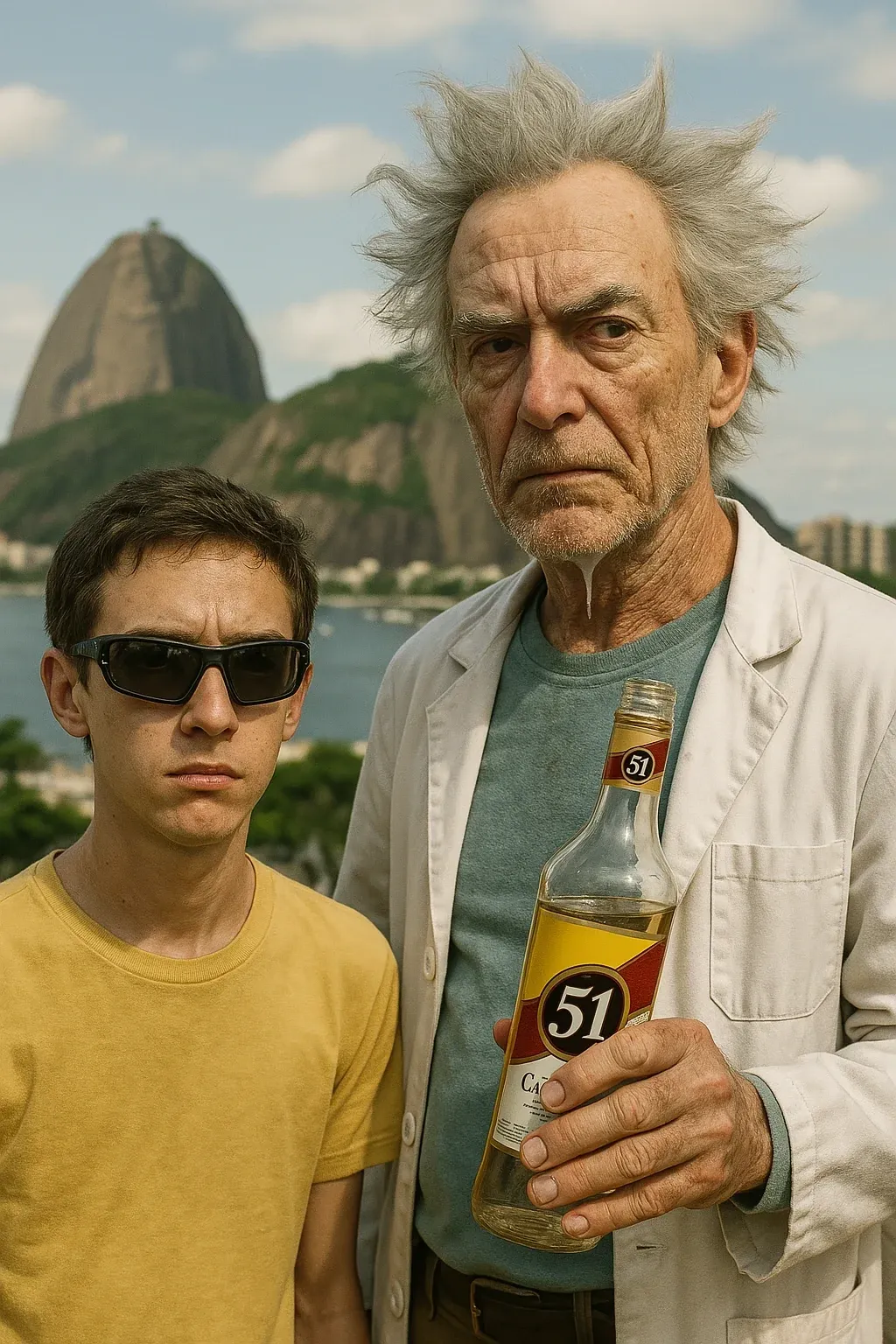 Faça uma imagem super realista do rick and morty, como se eles existissem na vida real e morassem no Brasil, especificamente no rio de janeiro, eles devem ter a caracteriscas dos personagens trazidos para mundo real, usando o maximo de detalhes e sombras para parecer realista e cenario do RJ, inclua uma garrafa na mão de rick (uma garrafa de 51) e ele com a caracterisca baba que tem, o morty deve ser um adolecente magrinho e deve estar usando julieteFaça uma imagem super realista do rick and morty, como se eles existissem na vida real e morassem no Brasil, especificamente no rio de janeiro, eles devem ter a caracteriscas dos personagens trazidos para mundo real, usando o maximo de detalhes e sombras para parecer realista e cenario do RJ, inclua uma garrafa na mão de rick (uma garrafa de 51) e ele com a caracterisca baba que tem, o morty deve ser um adolecente magrinho e deve estar usando juliete
